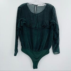 ASTR Lucille Long Sleeve Body Suit Womens S Green Swiss Dot Ruffle Cute Sheer